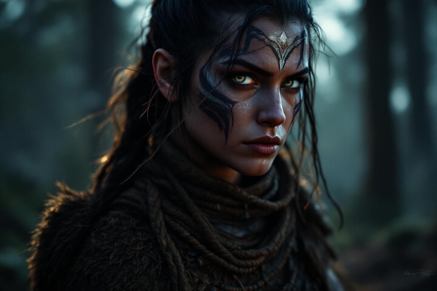 Portrait sombre d'une guerrière avec peinture faciale et couronne