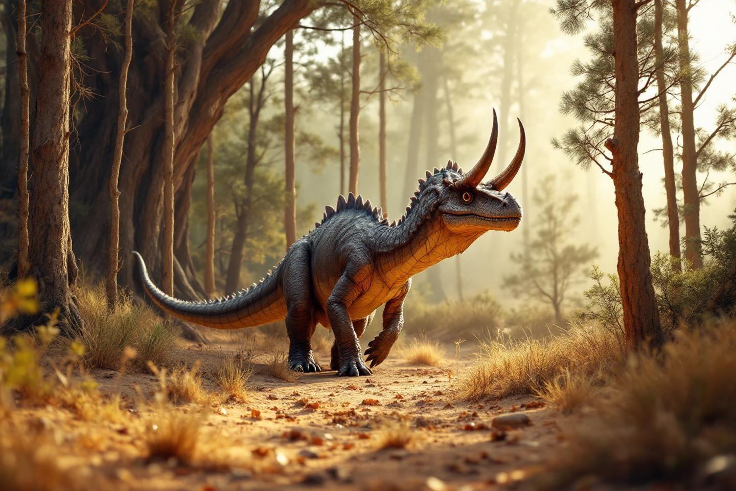 Dinosaure cornu gris et orange dans un paysage forestier brumeux