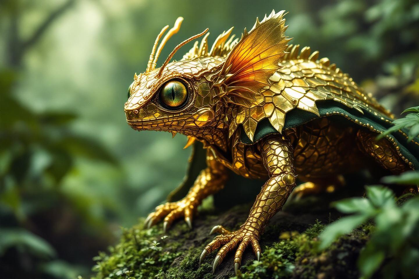 Dragon miniature écailleux doré sur une branche moussue