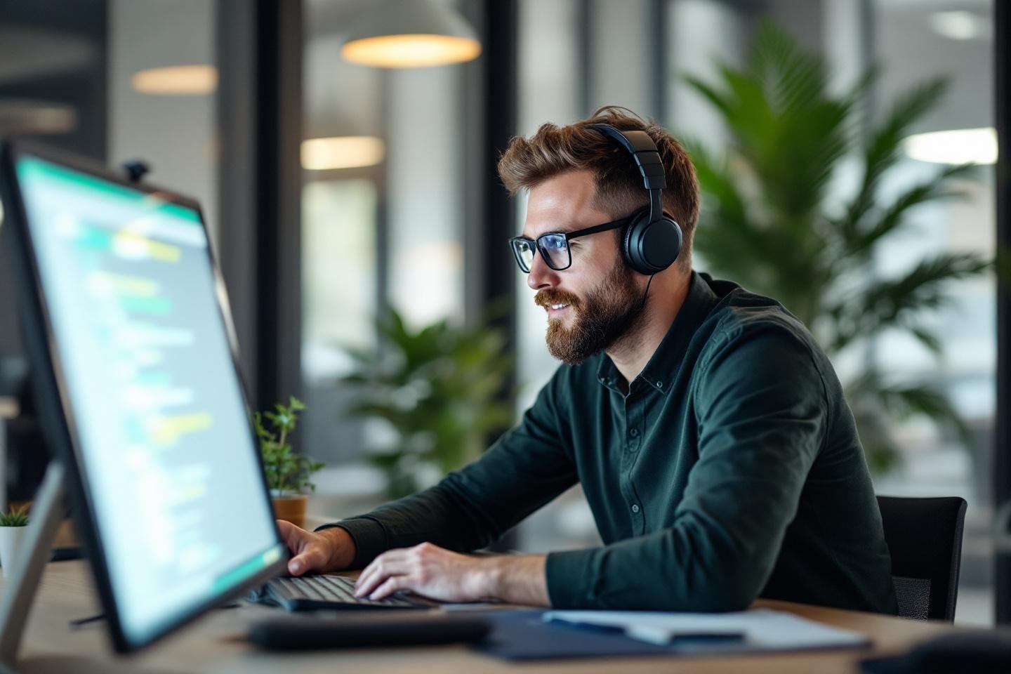 Homme avec casque travaillant sur un ordinateur de bureau