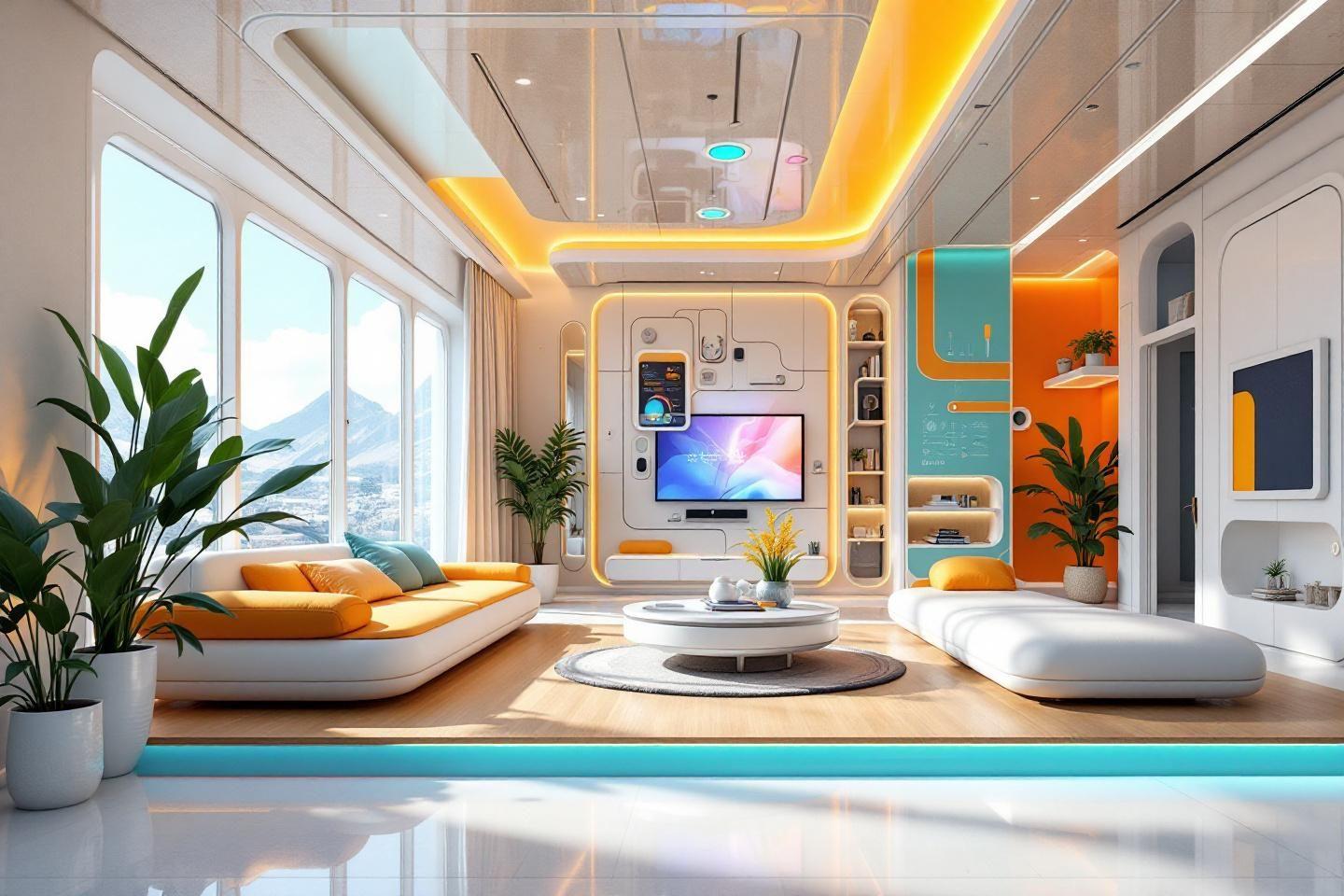 Intérieur design moderne avec canapés jaunes et écran coloré