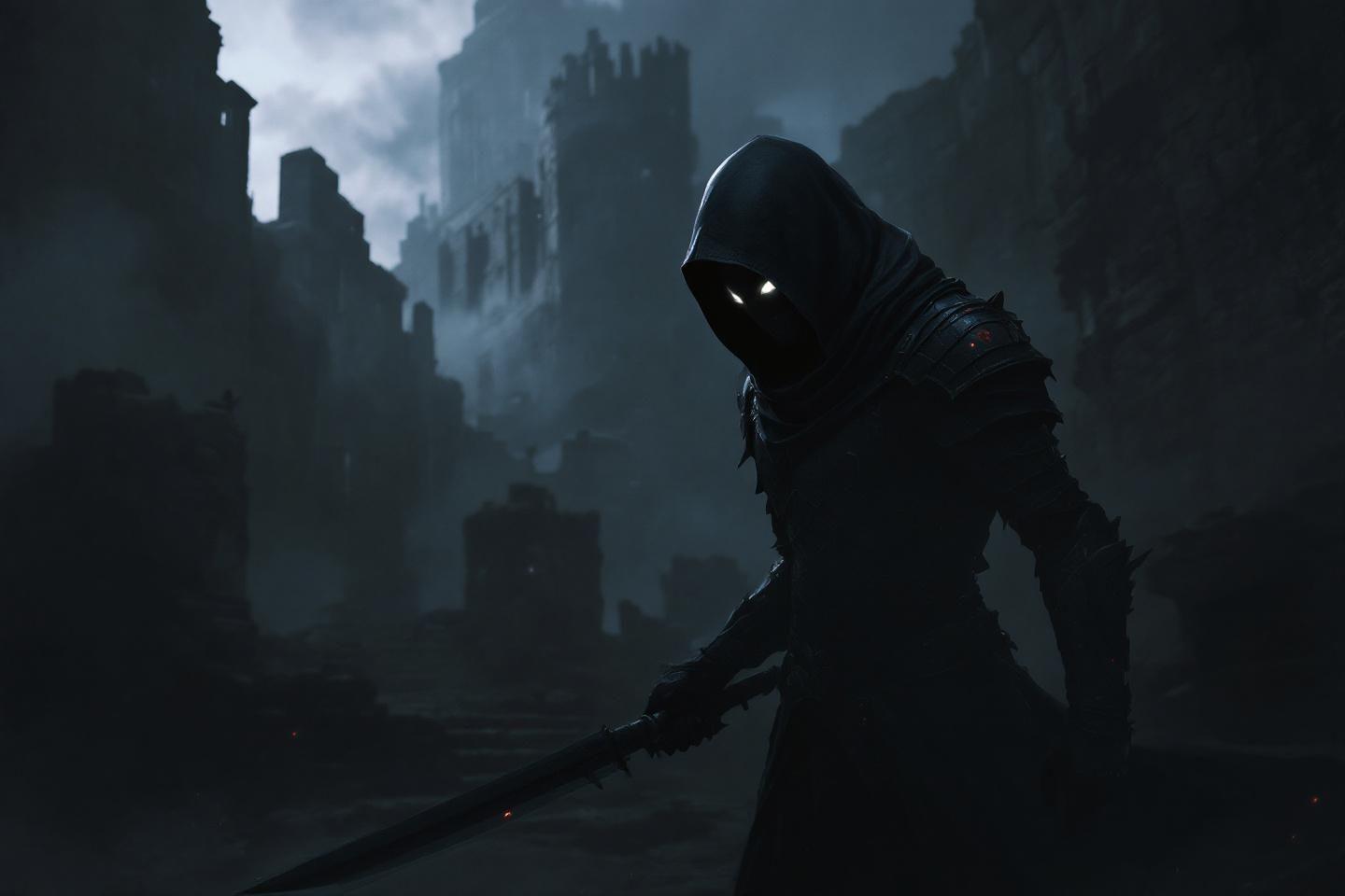 Silhouette encapuchonnée tenant une lame dans une ville sombre