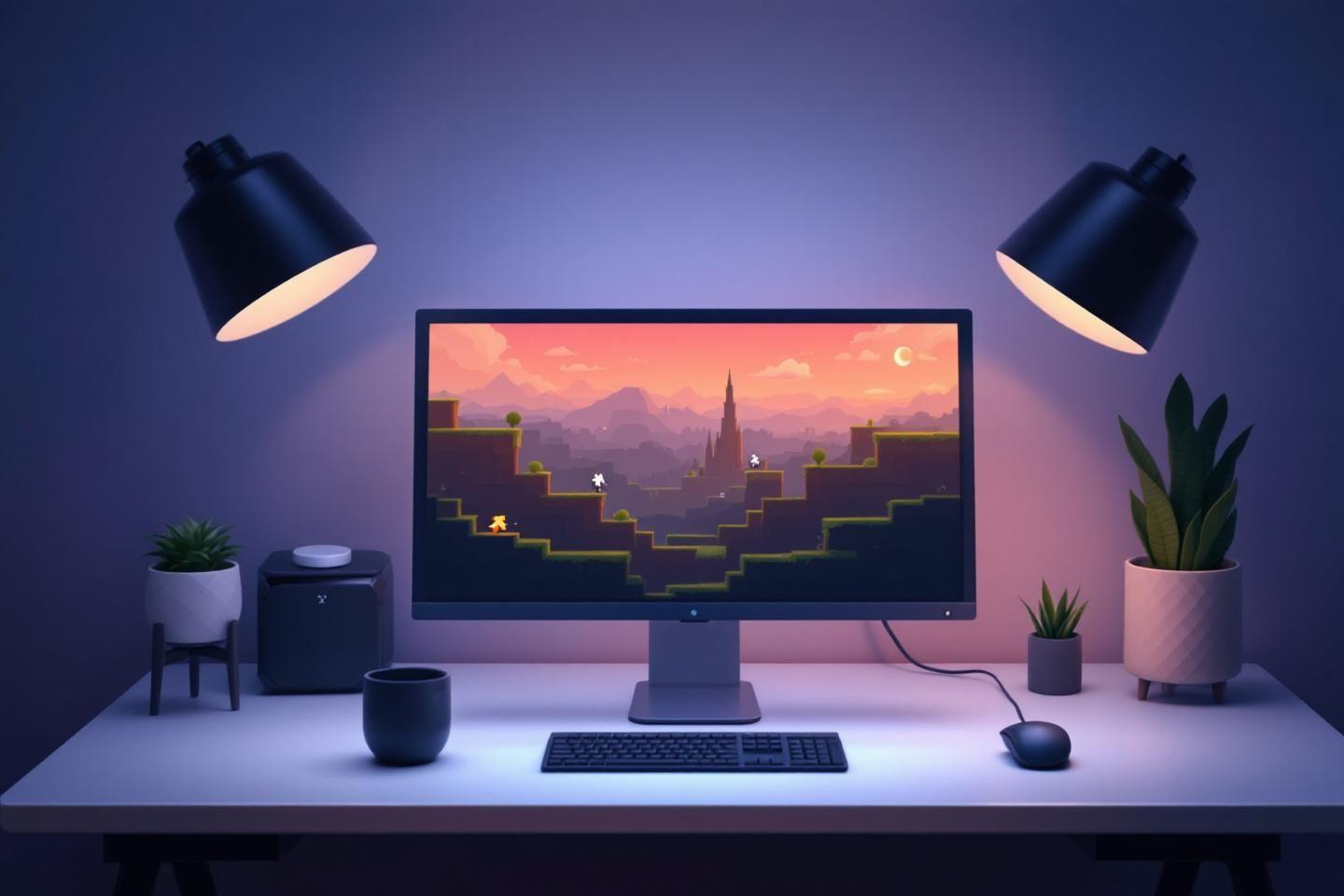Écran d'ordinateur avec jeu, lampes et plantes sur bureau