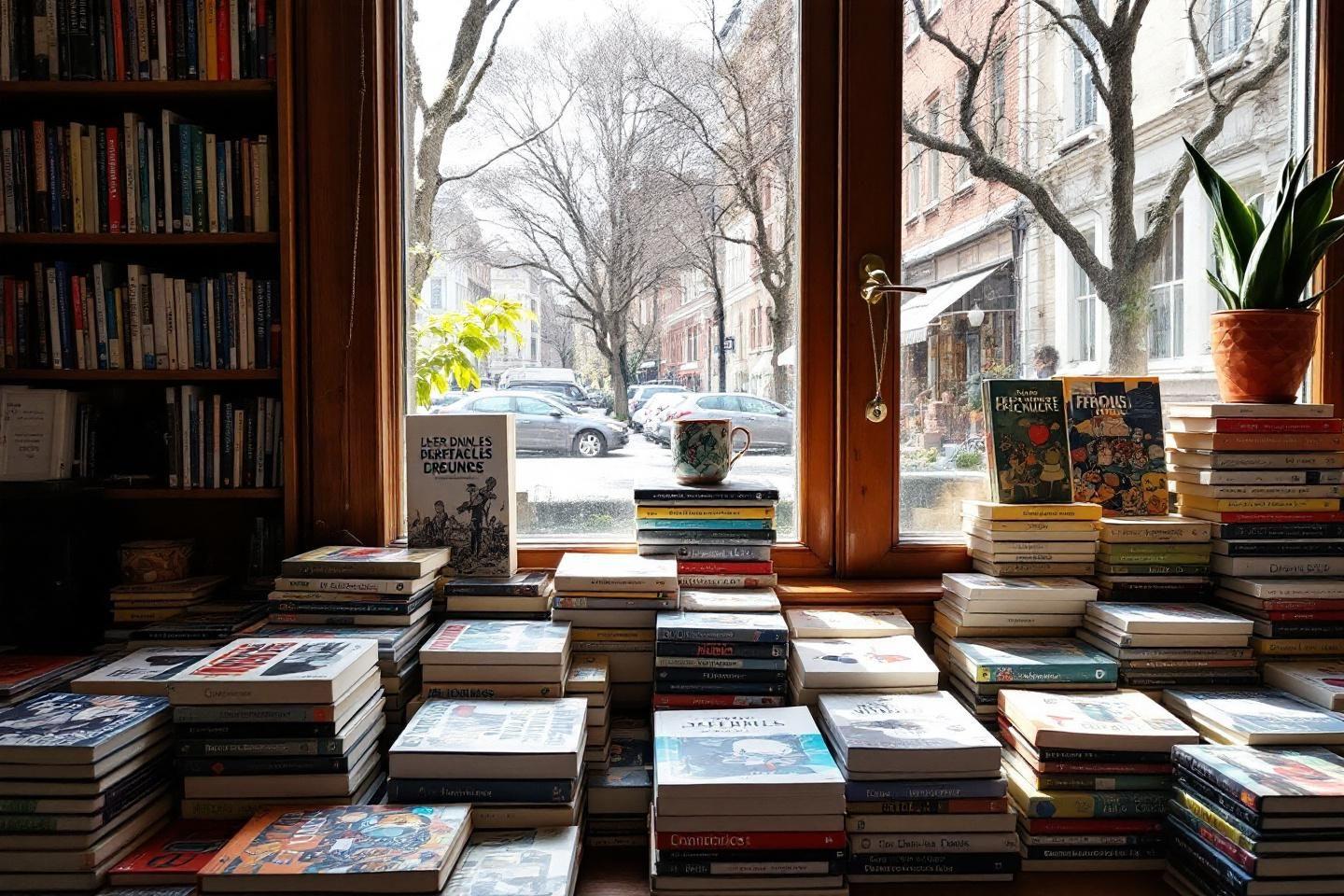 Pile de livres devant une fenêtre avec vue sur la rue