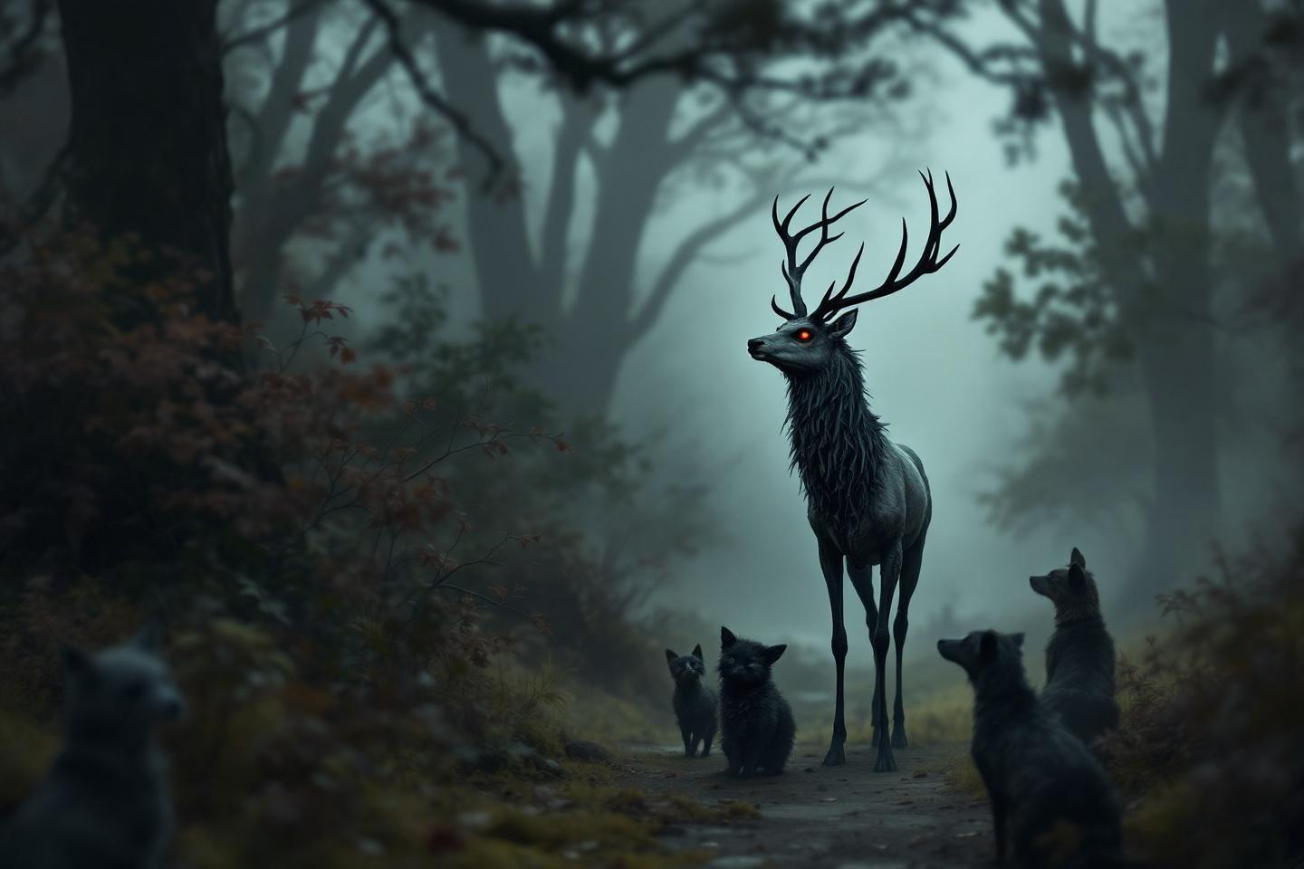 Cerf sombre aux yeux rouges dans une forêt brumeuse