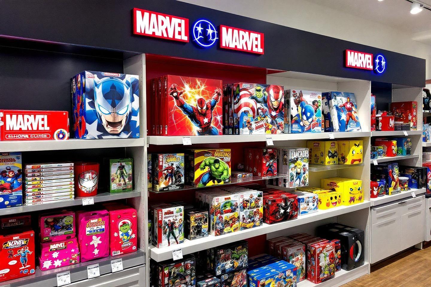 &Eacute;tag&egrave;res color&eacute;es remplies de bo&icirc;tes et produits Marvel