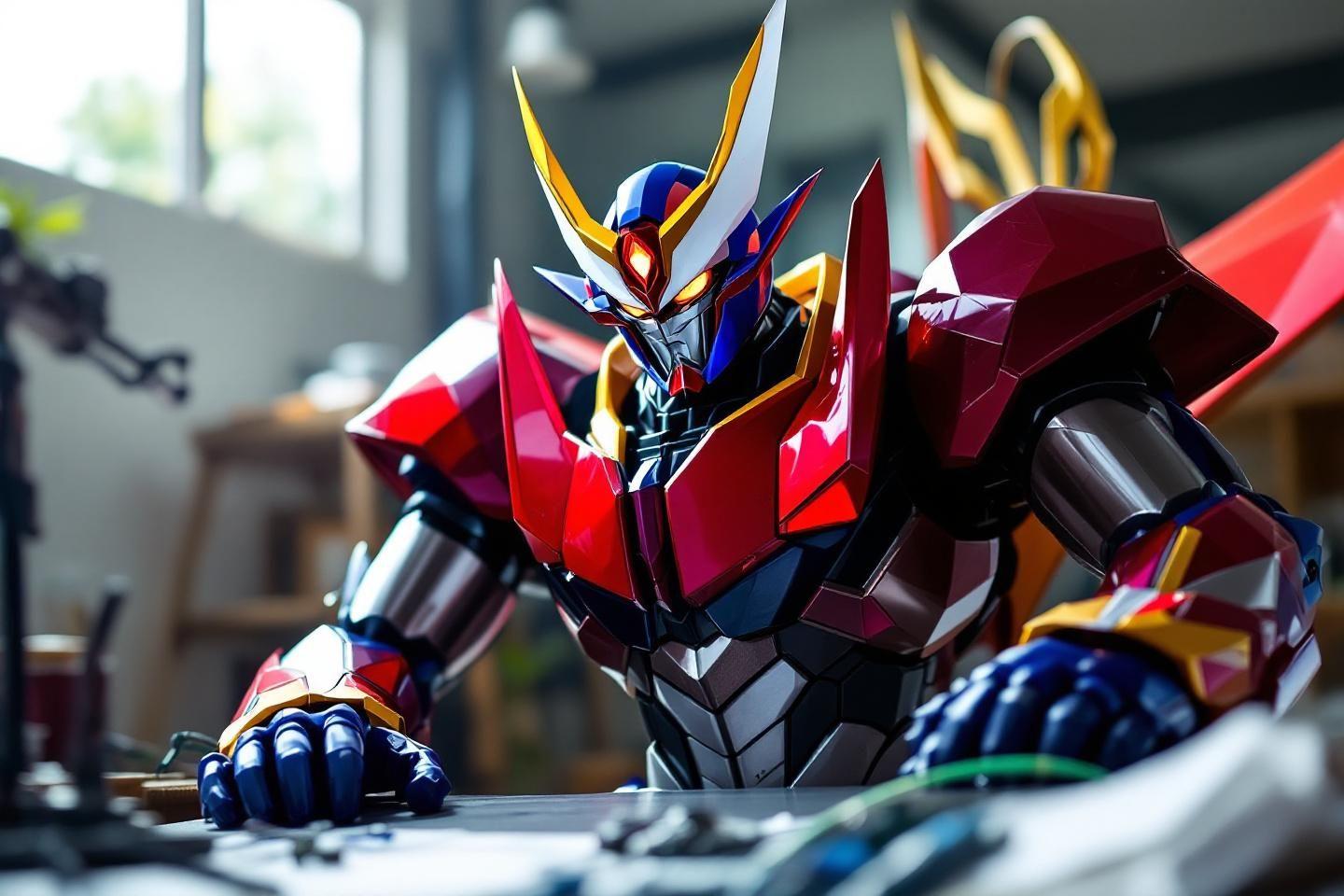 Robot futuriste rouge et bleu avec d&eacute;tails m&eacute;talliques complexes