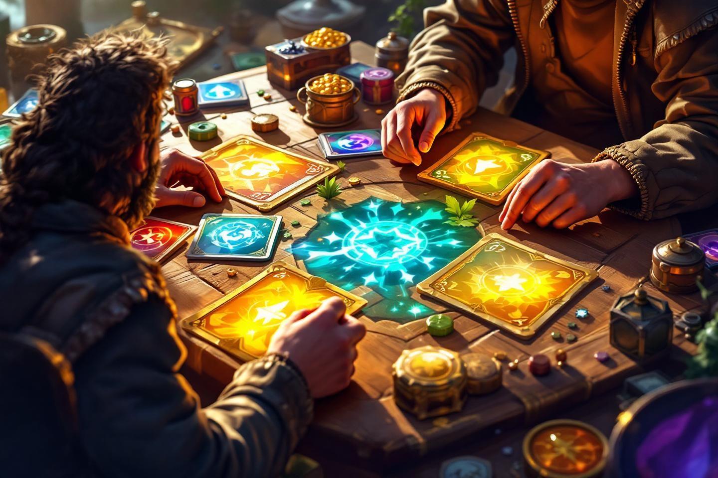 Cartes brillantes et objets mystiques sur une table en bois