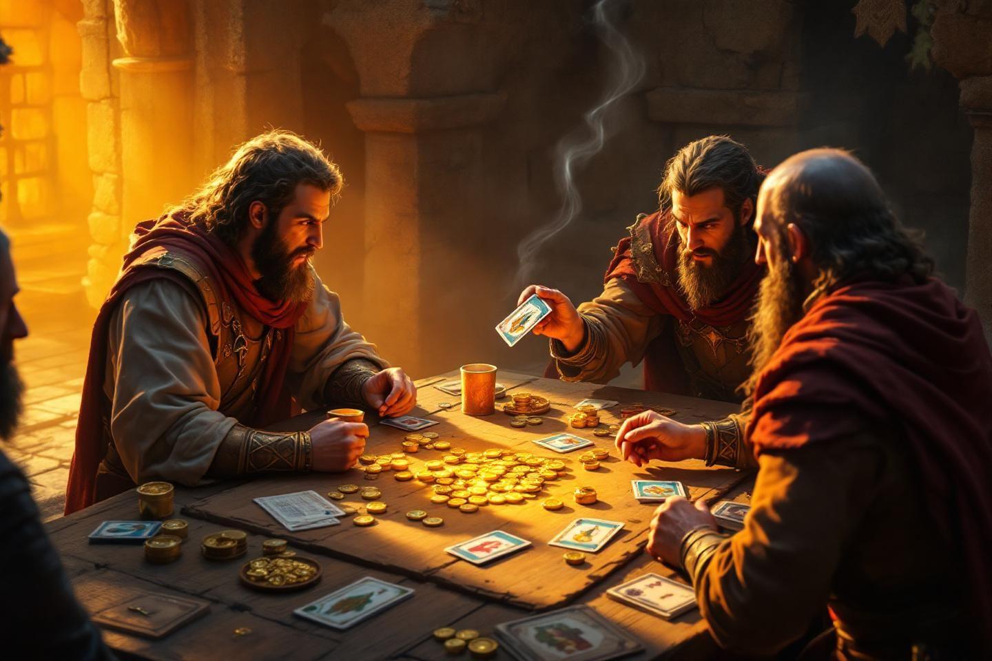 Trois hommes barbus jouant aux cartes avec des pièces d'or
