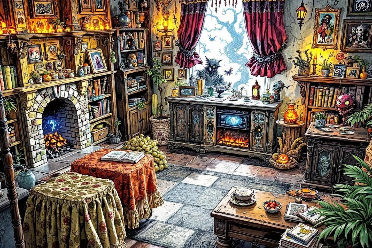 Intérieur magique avec cheminée, livres et objets mystiques