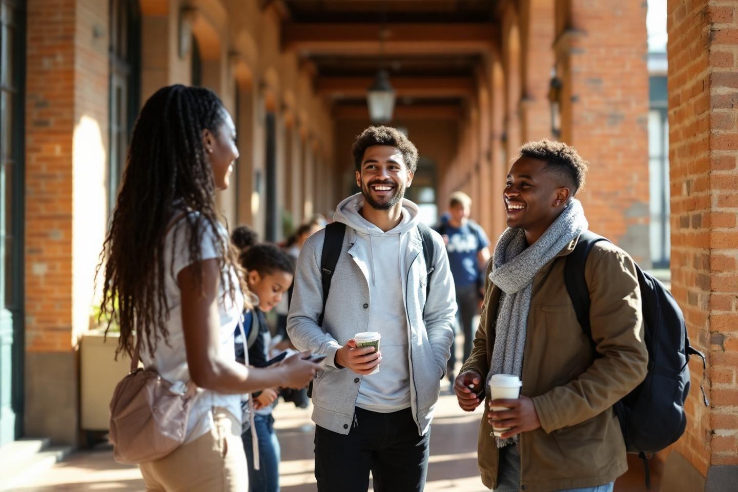 Groupe d'&eacute;tudiants souriants conversant pr&egrave;s de briques rouges