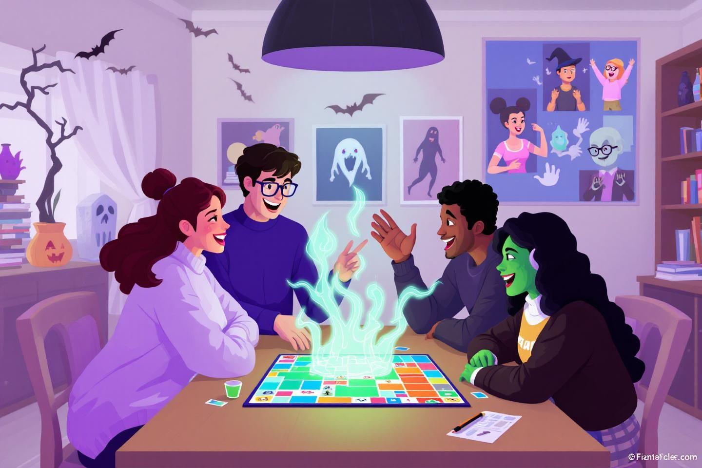 Groupe d'amis jouant à un jeu de plateau avec des effets magiques