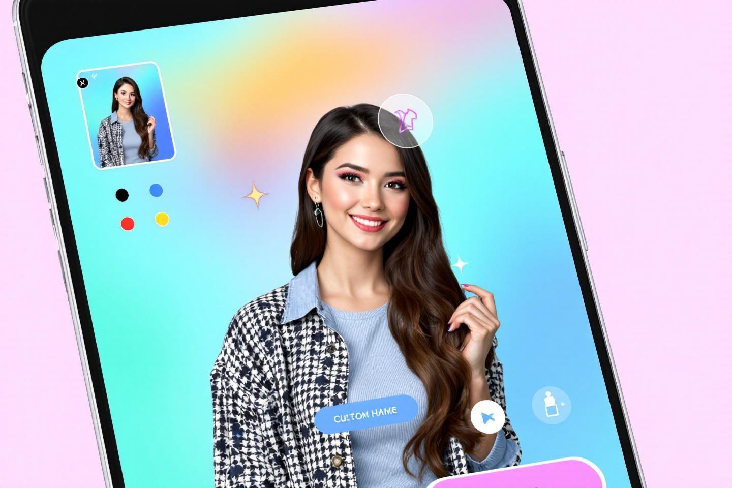 Interface d'application avec femme élégante en tenue pied-de-poule