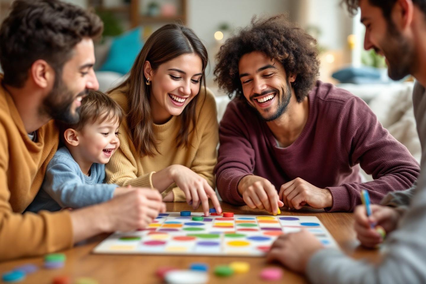 Groupe souriant autour d'un jeu color&eacute; &agrave; table