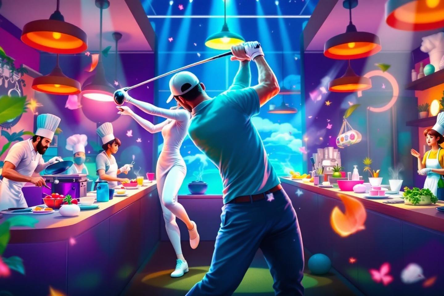 Golfeur frappant une balle dans une cuisine color&eacute;e lumineuse