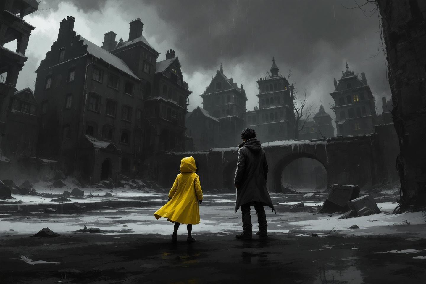 Deux silhouettes, l'une jaune, l'autre sombre, dans une ville désolée