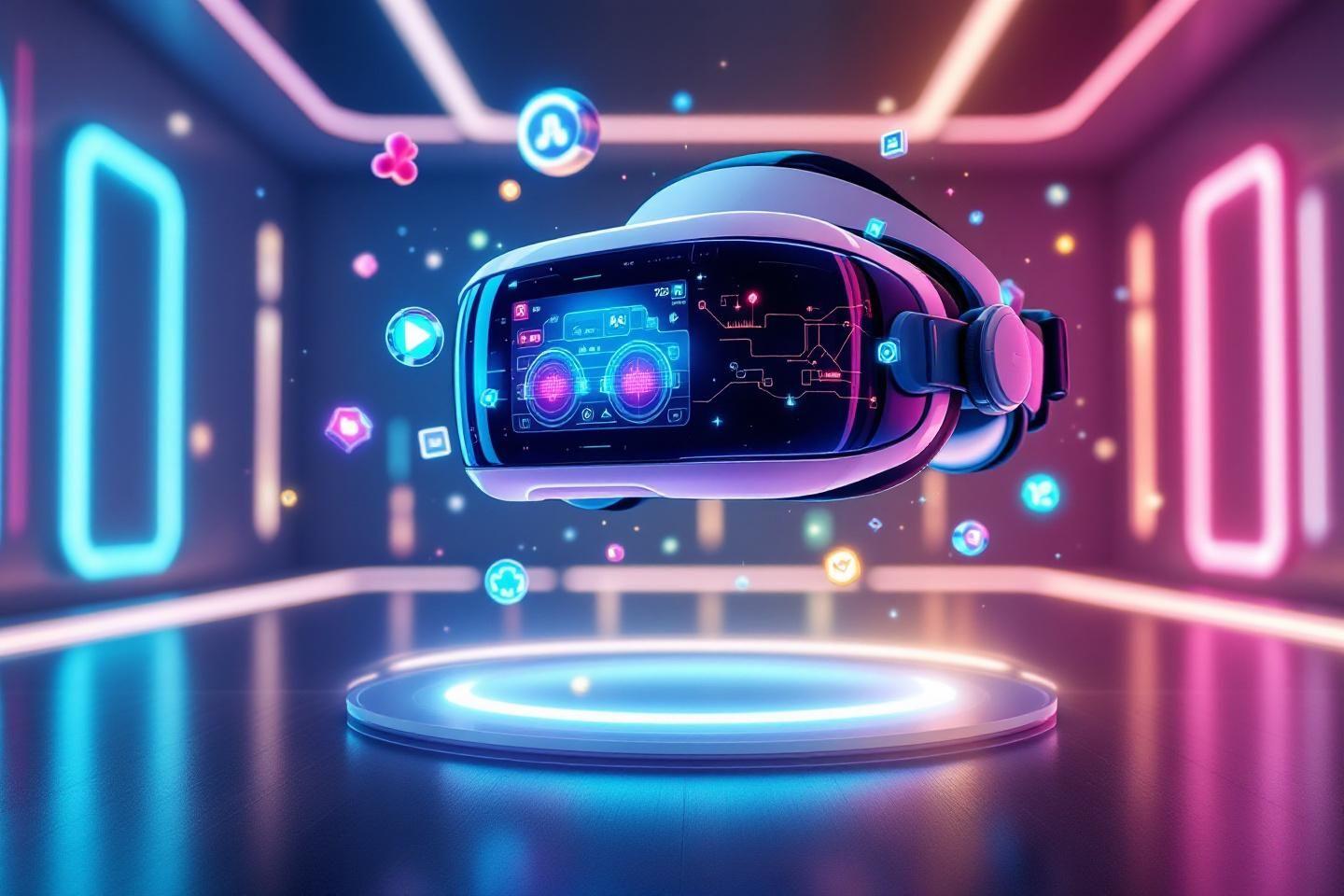 Casque de réalité virtuelle high-tech avec interface holographique colorée