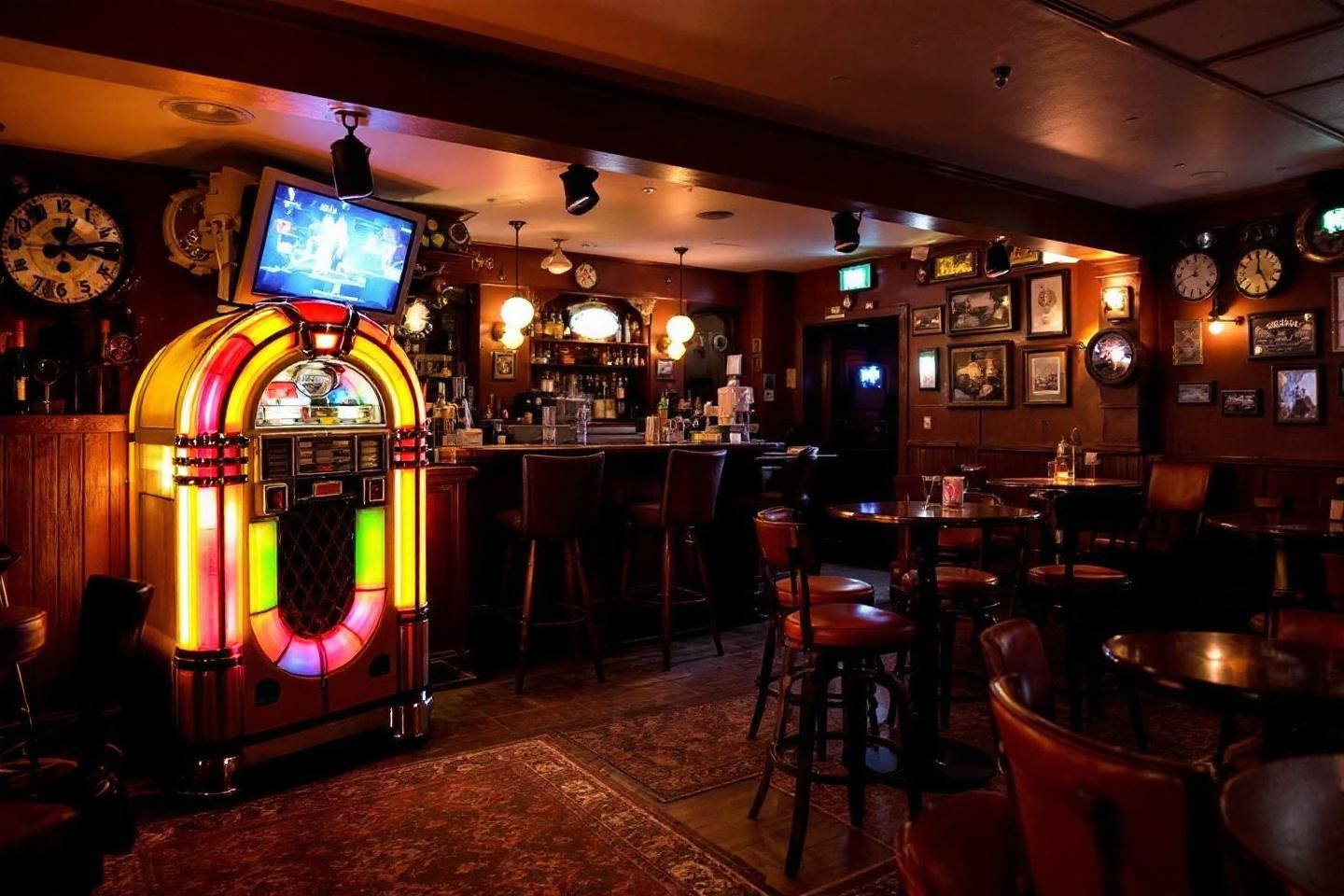 Un jukebox r&eacute;tro lumineux dans un bar vintage chaleureux