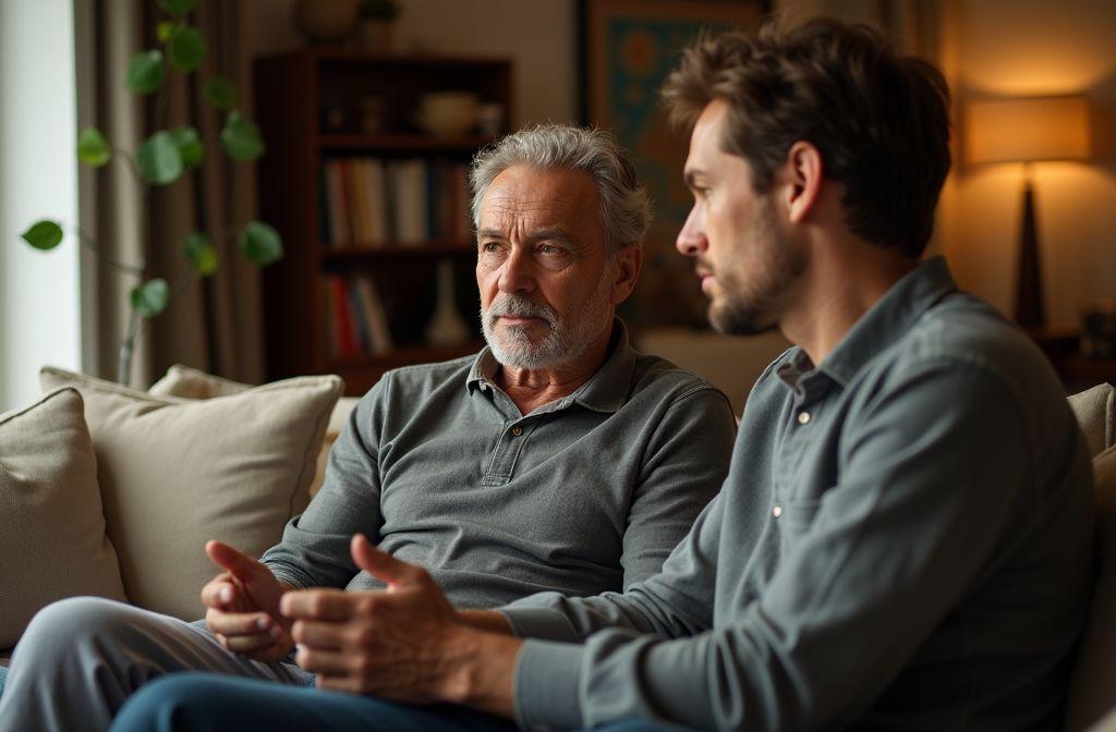 Deux hommes assis sur un canapé ayant une conversation