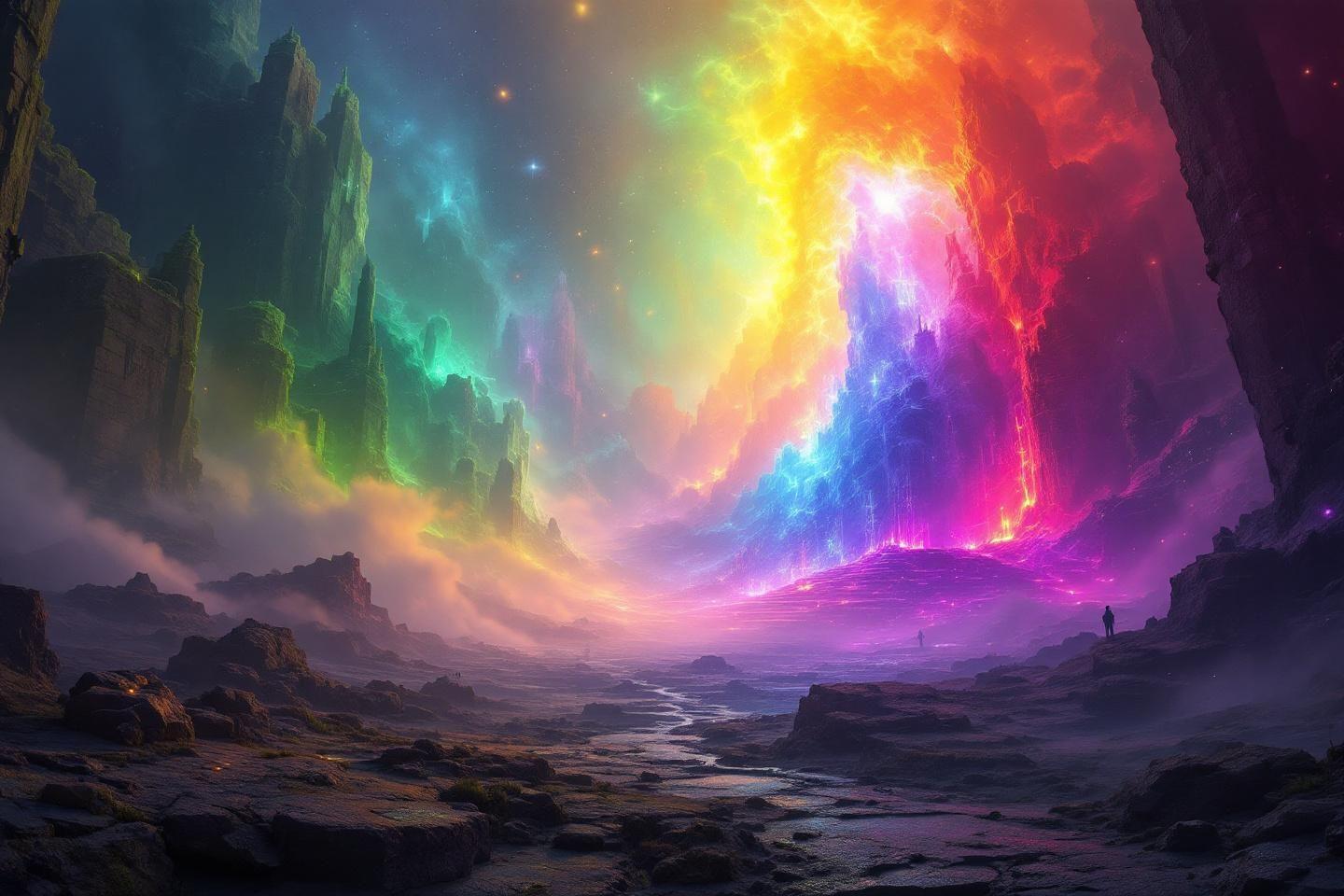 Paysage rocheux avec des lumi&egrave;res spectrales c&eacute;lestes color&eacute;es