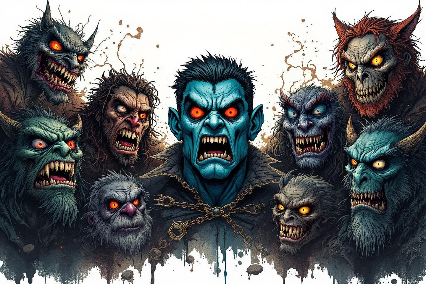 Groupe de créatures monstrueuses aux yeux rouges et dents pointues