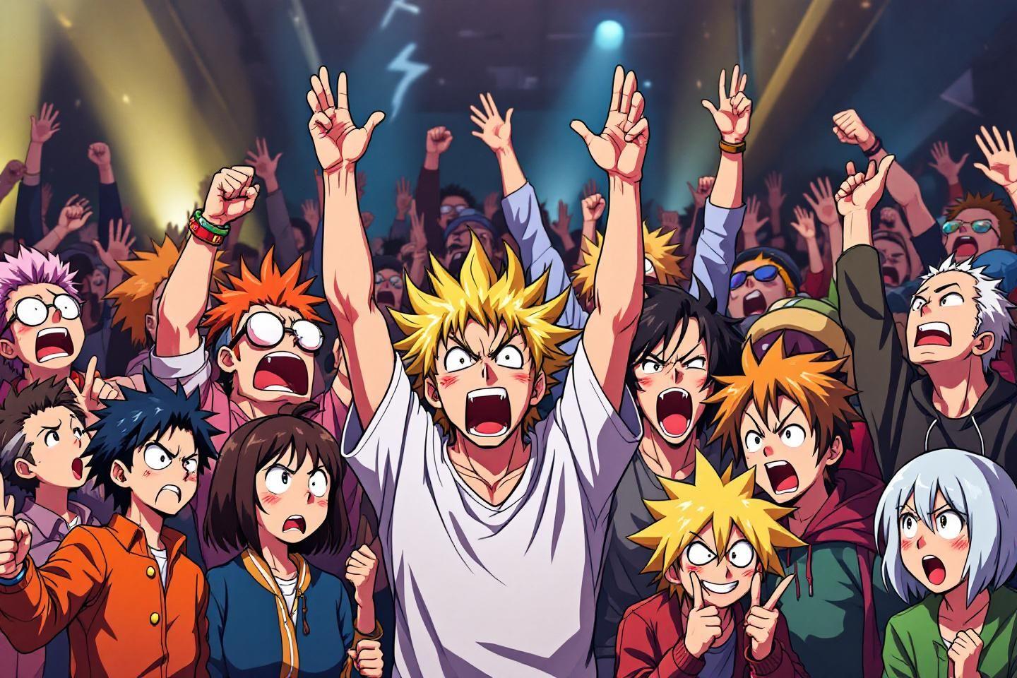 Groupe de personnages de manga criant et levant les bras