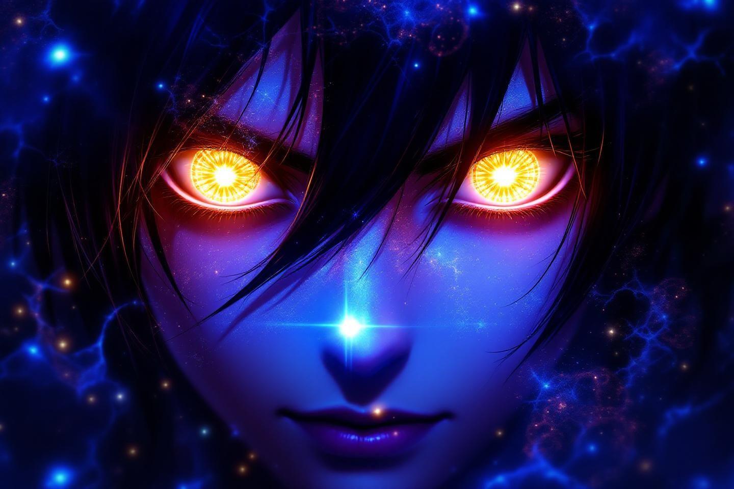 Visage bleu et noir avec des yeux dor&eacute;s lumineux dans l'espace