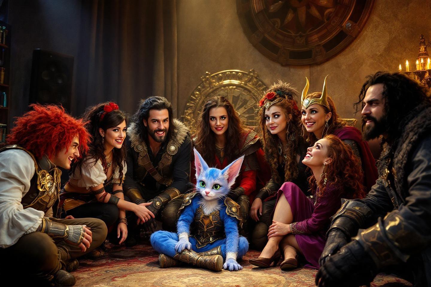 Chat bleu en armure entouré de personnages médiévaux fantastiques