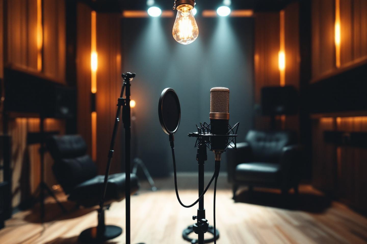 Microphone professionnel sous lumière chaude dans un studio