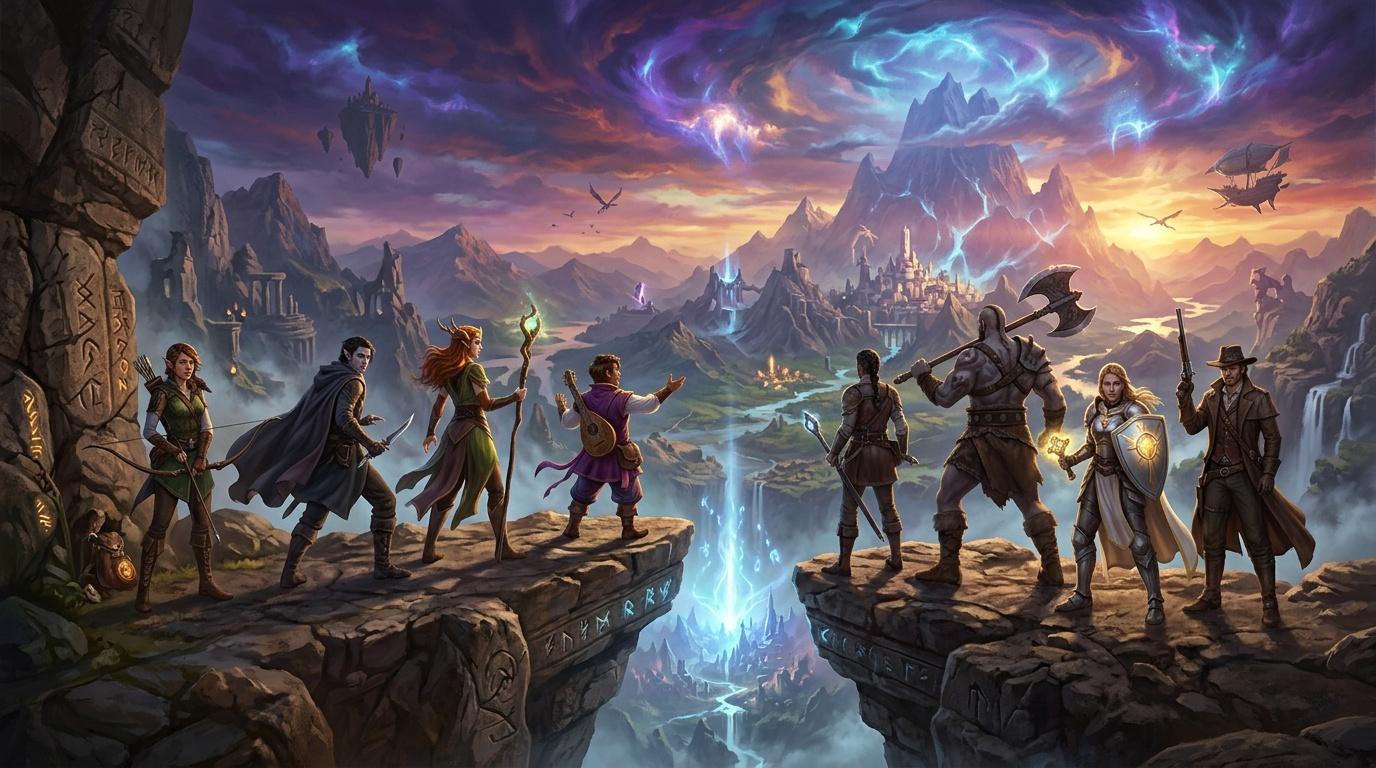Groupe de héros sur falaise devant château fantastique et ciel magique.