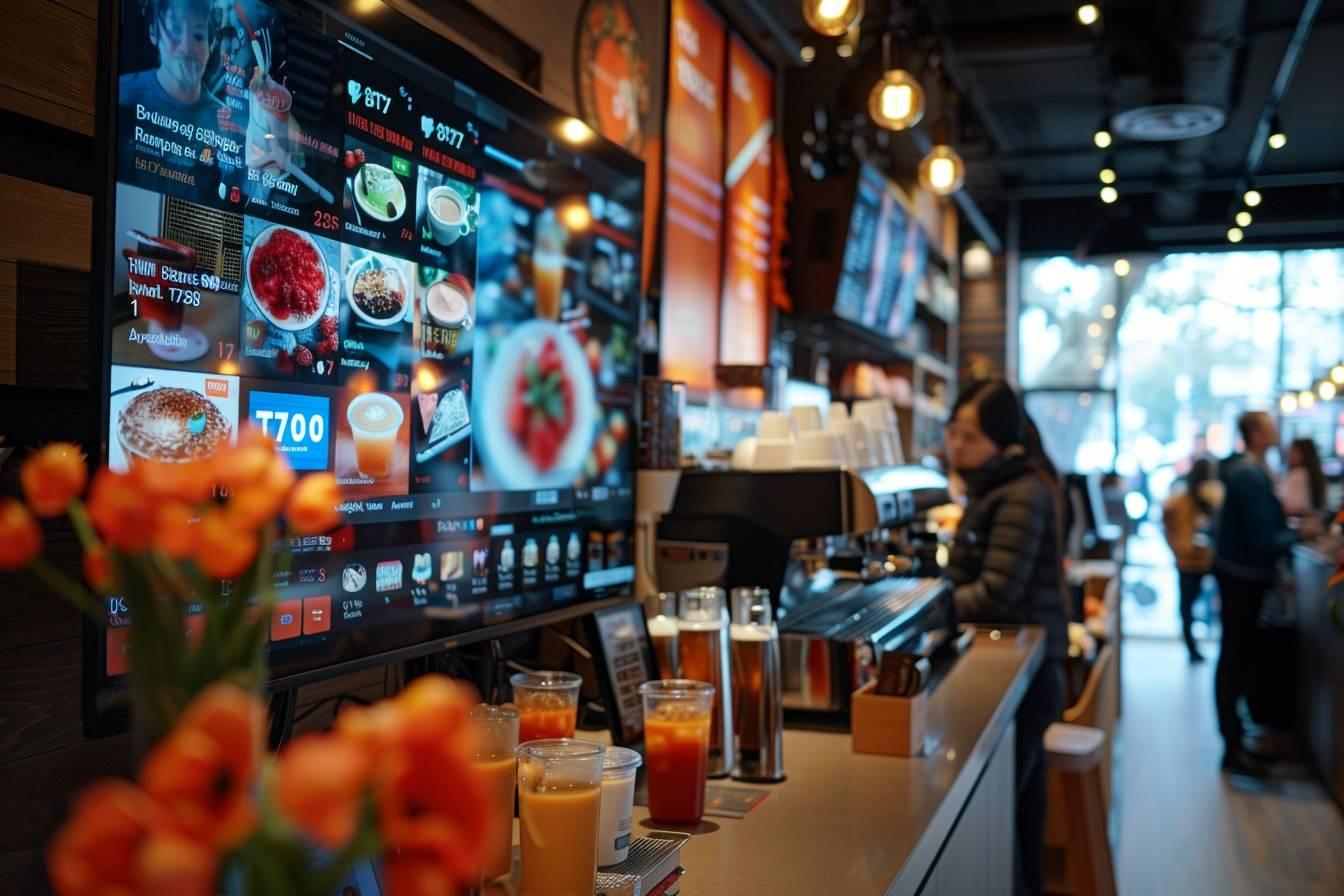 Intérieur d'un café avec une vitrine digitale affichant des plats et boissons