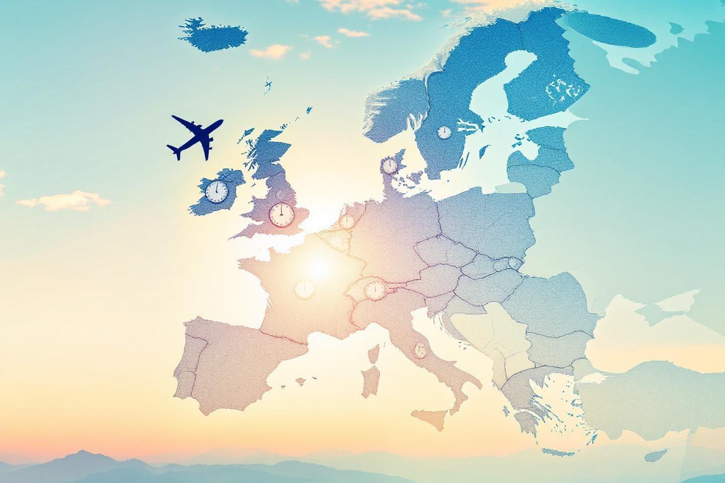 Carte de l'Europe avec avion et fuseaux horaires au coucher du soleil