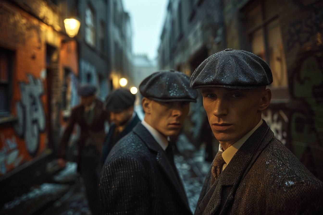 Trois hommes habill&eacute;s en costume se tiennent dans une ruelle sombre et pluvieuse.