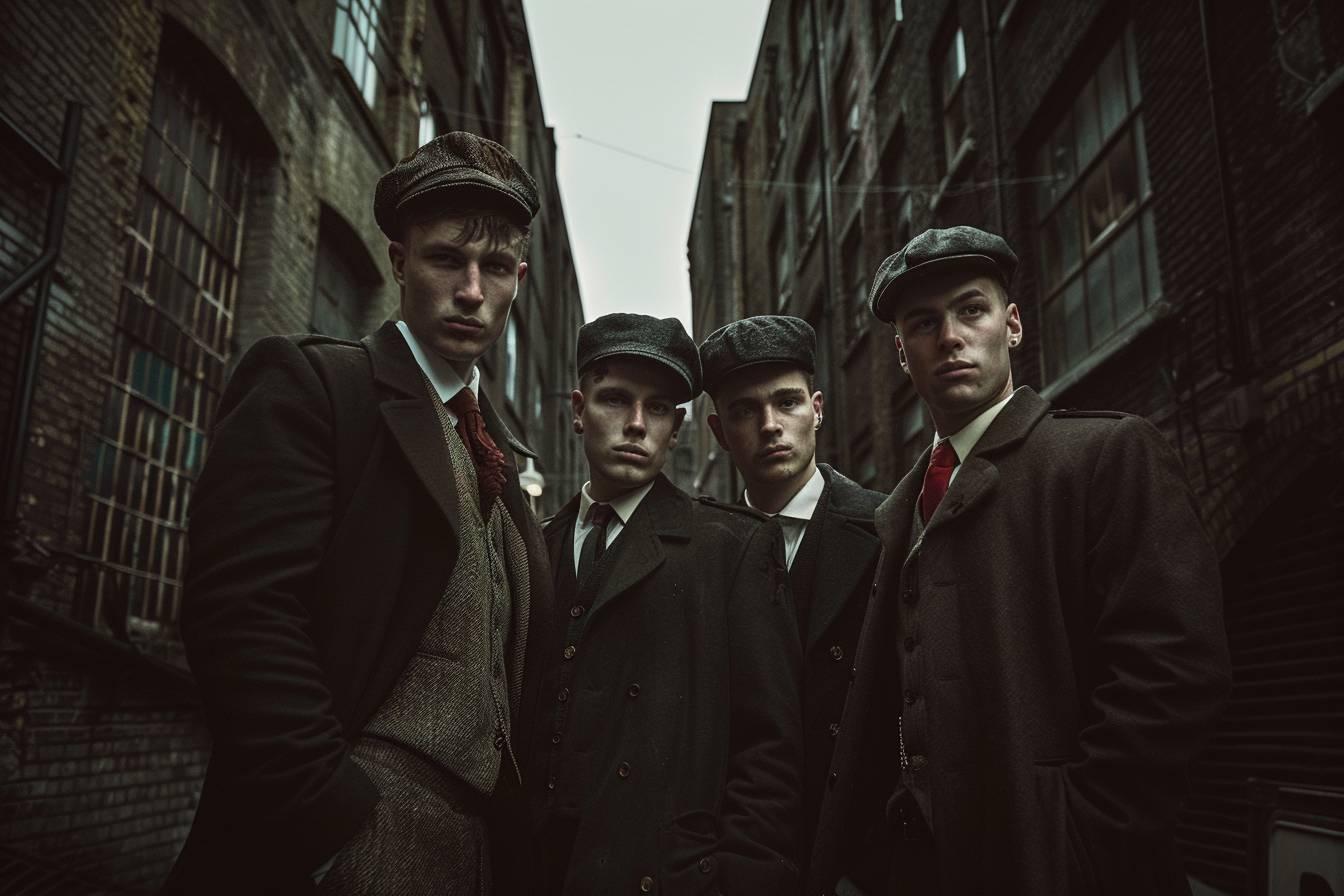 Groupe de quatre hommes en costumes et casquettes sombres dans une all&eacute;e de ville