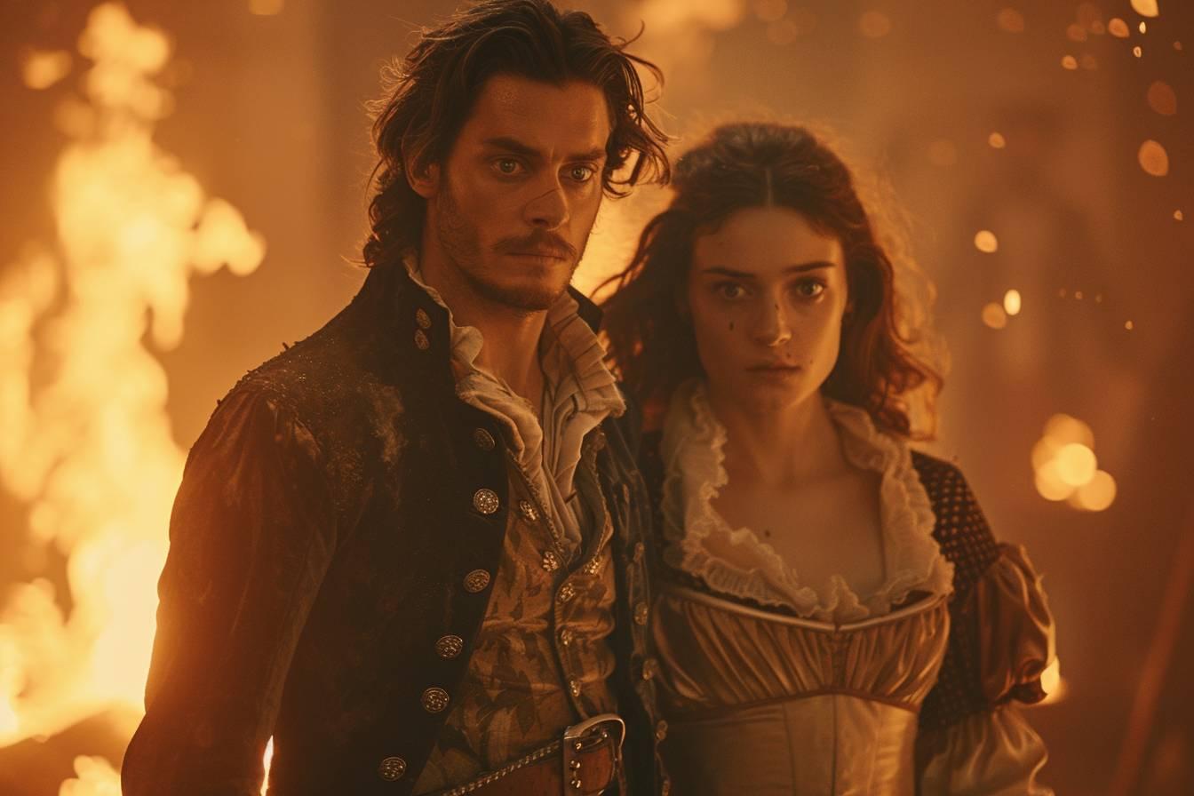 Deux personnages romantiques se tiennent dans une sc&egrave;ne dramatique sous la lumi&egrave;re chaude et &eacute;clatante.