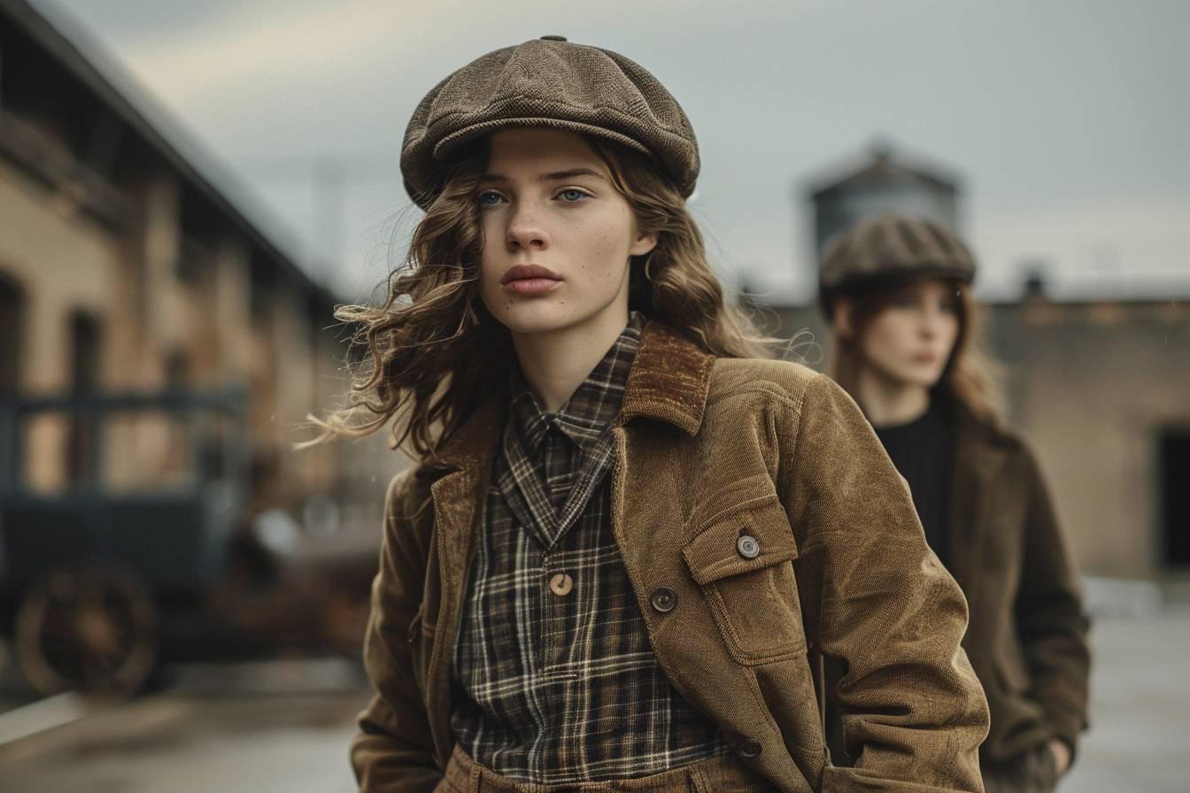 Une jeune femme portant une casquette et un manteau de style vintage se tient debout sur un quai de gare.
