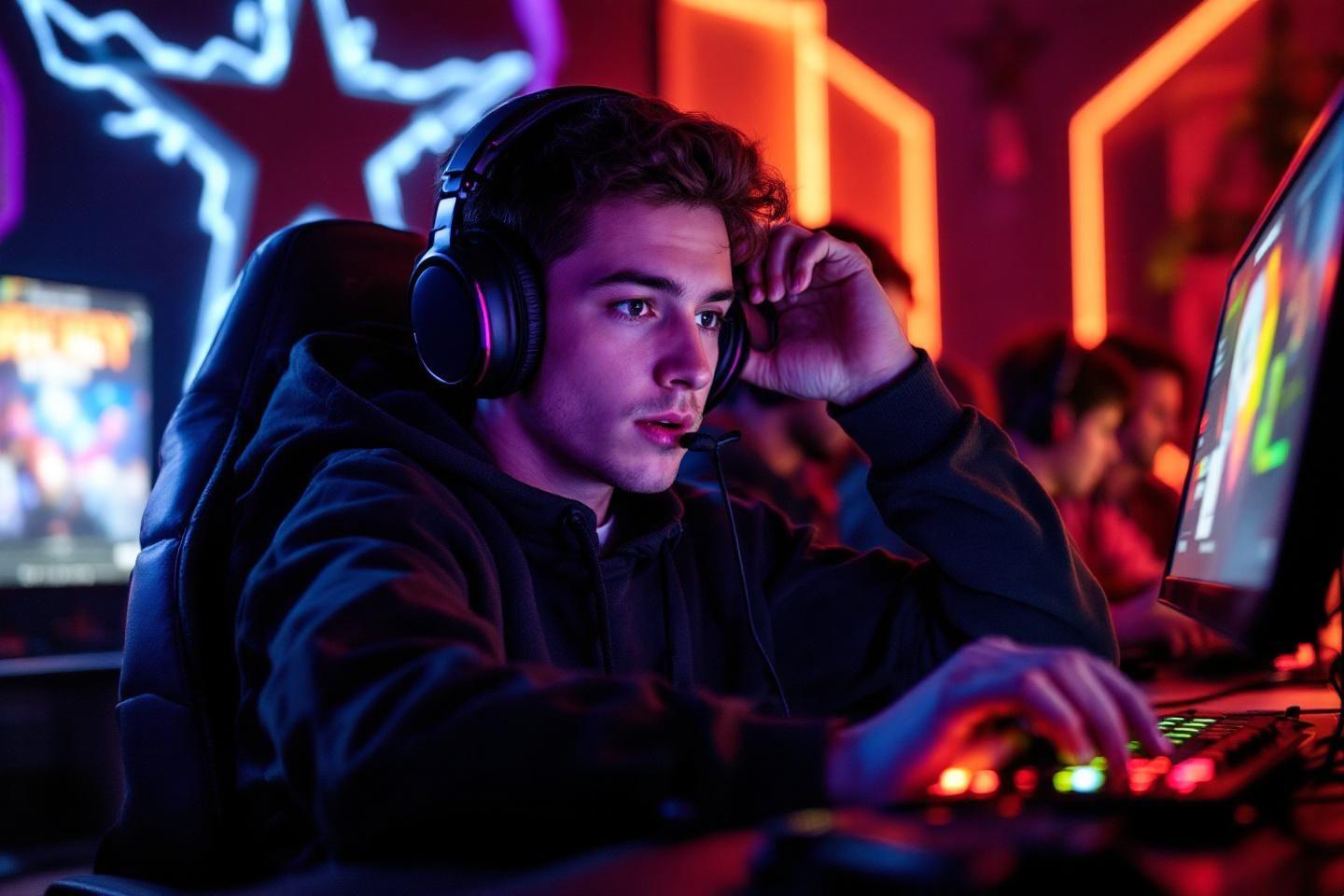 Jeune joueur avec casque dans un environnement de jeu coloré