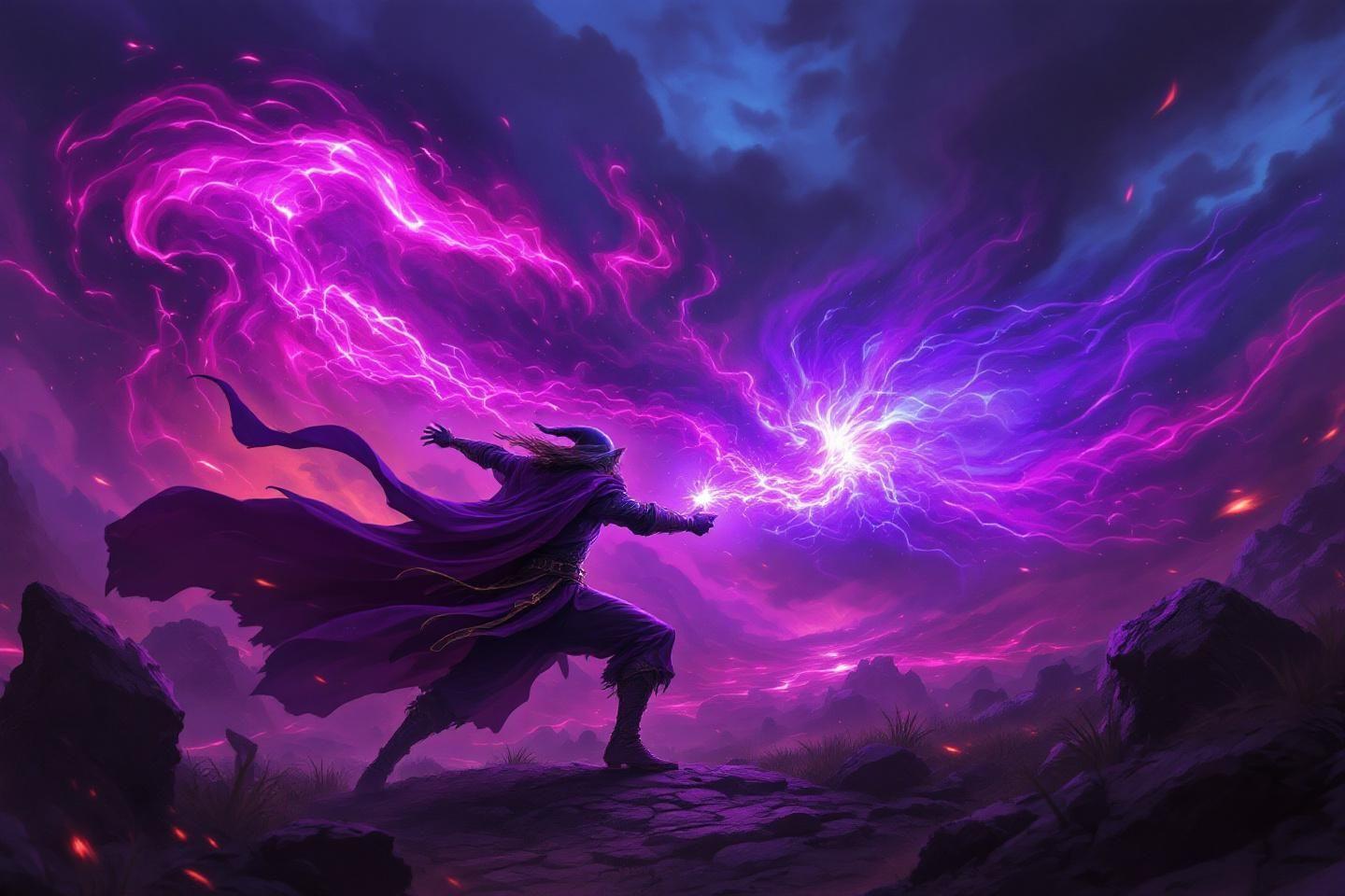 Silhouette myst&eacute;rieuse invoquant une puissante &eacute;nergie violette