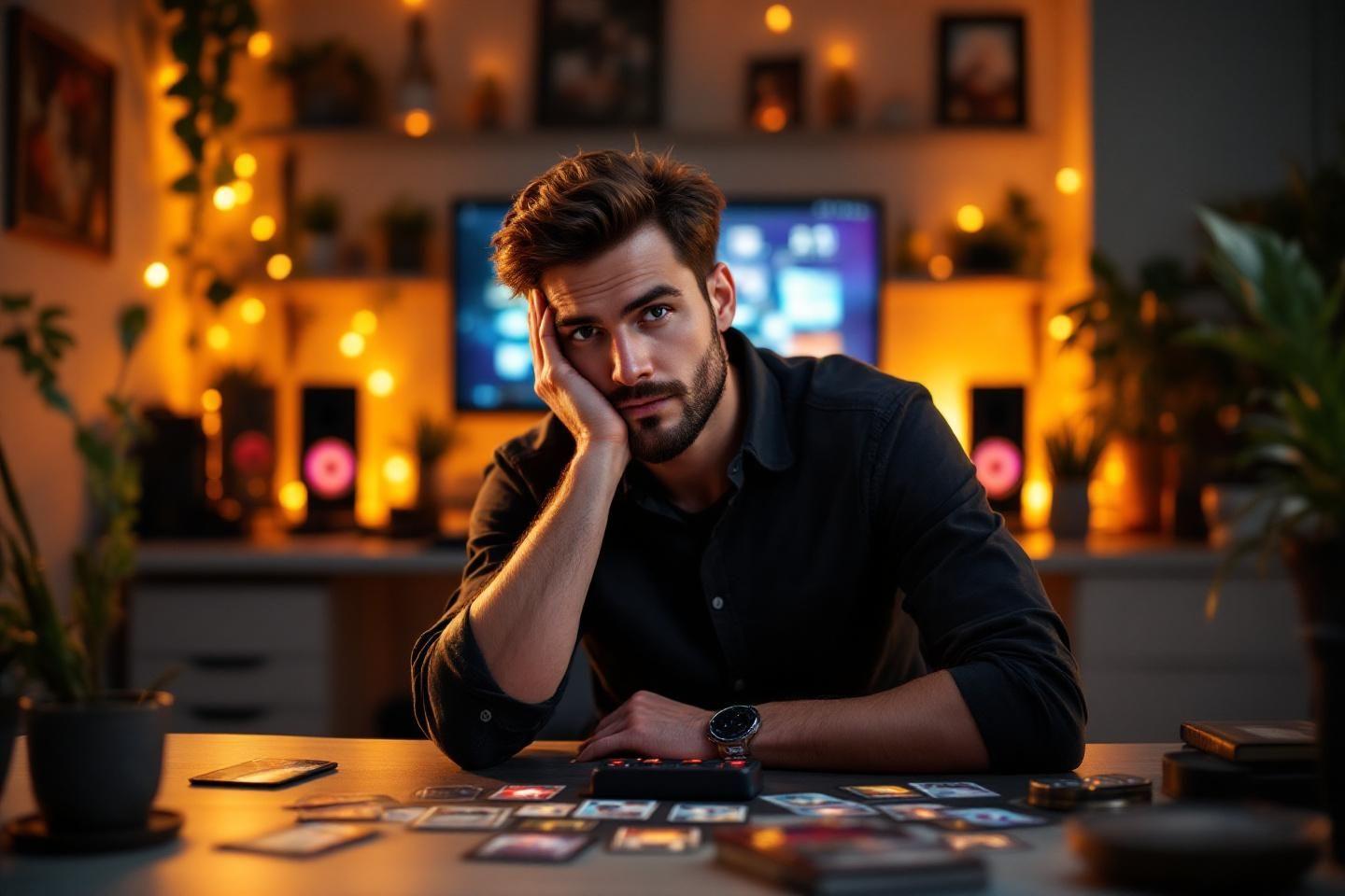 Homme pensif avec des cartes, &eacute;clairage d'ambiance chaud