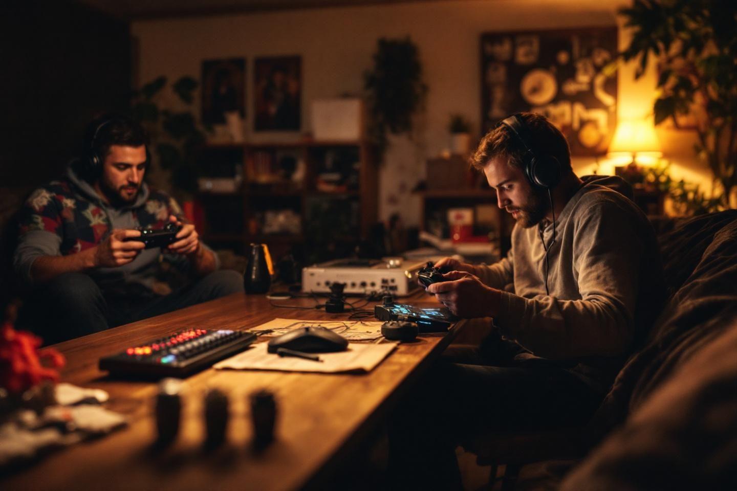 Deux musiciens travaillant sur du mat&eacute;riel &eacute;lectronique dans une ambiance tamis&eacute;e