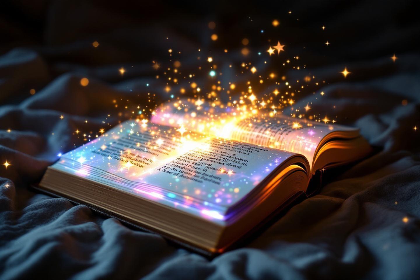 Livre ouvert &eacute;mettant des &eacute;tincelles lumineuses color&eacute;es