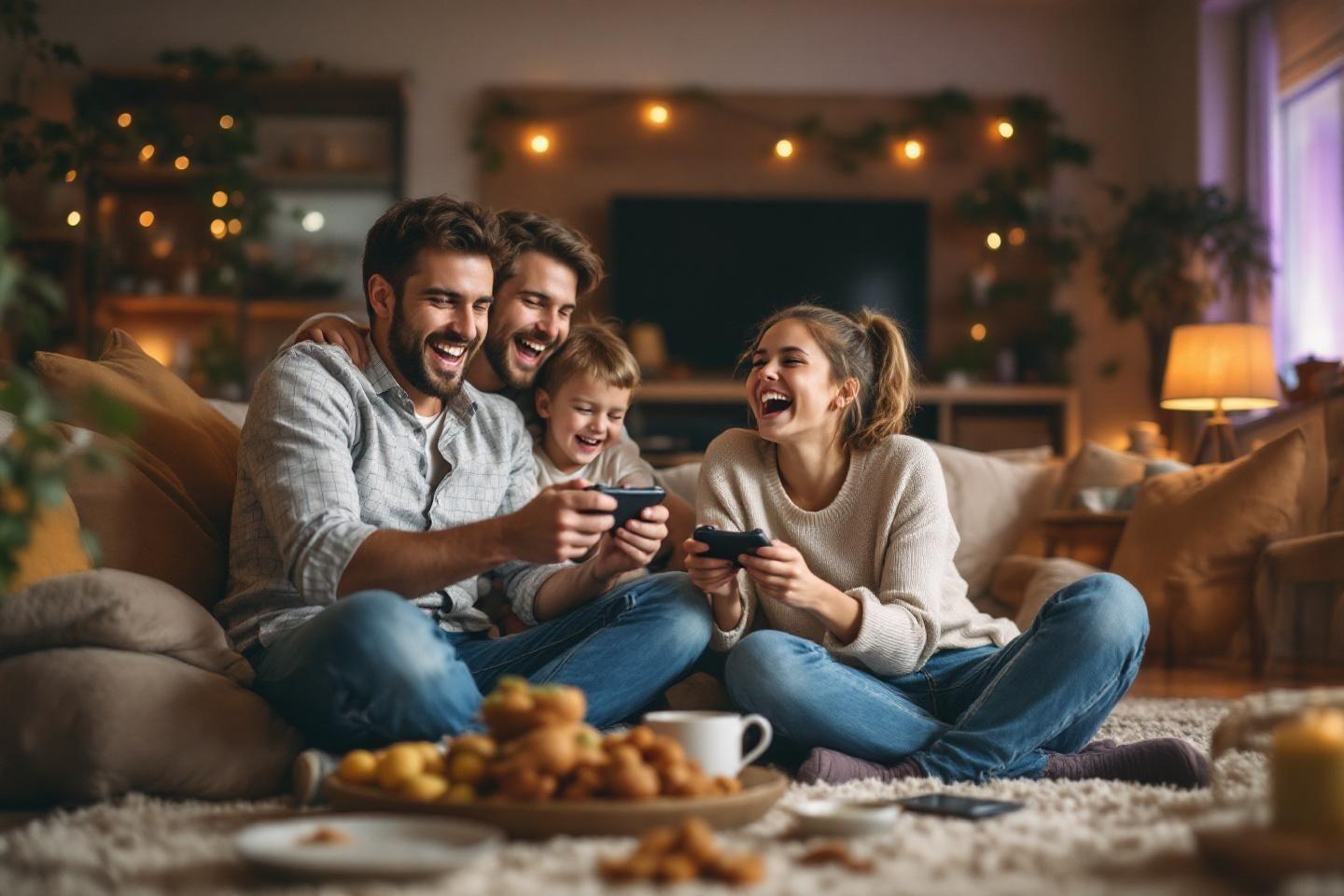 Parents et enfant rient ensemble en jouant avec manettes