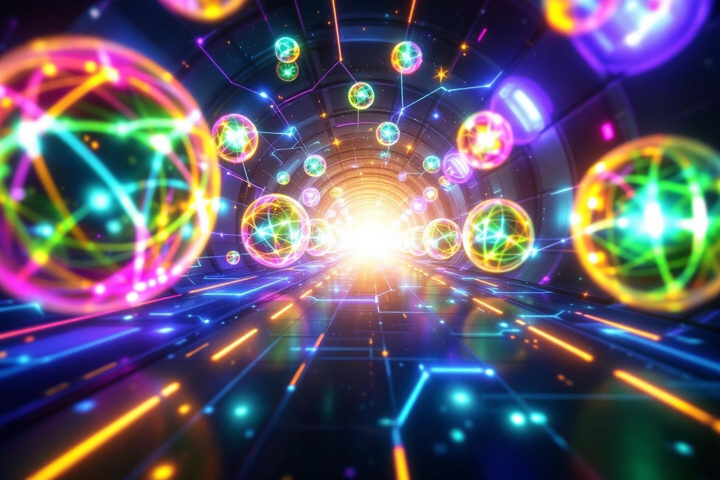 Sph&egrave;res brillantes connect&eacute;es dans un tunnel technologique color&eacute;
