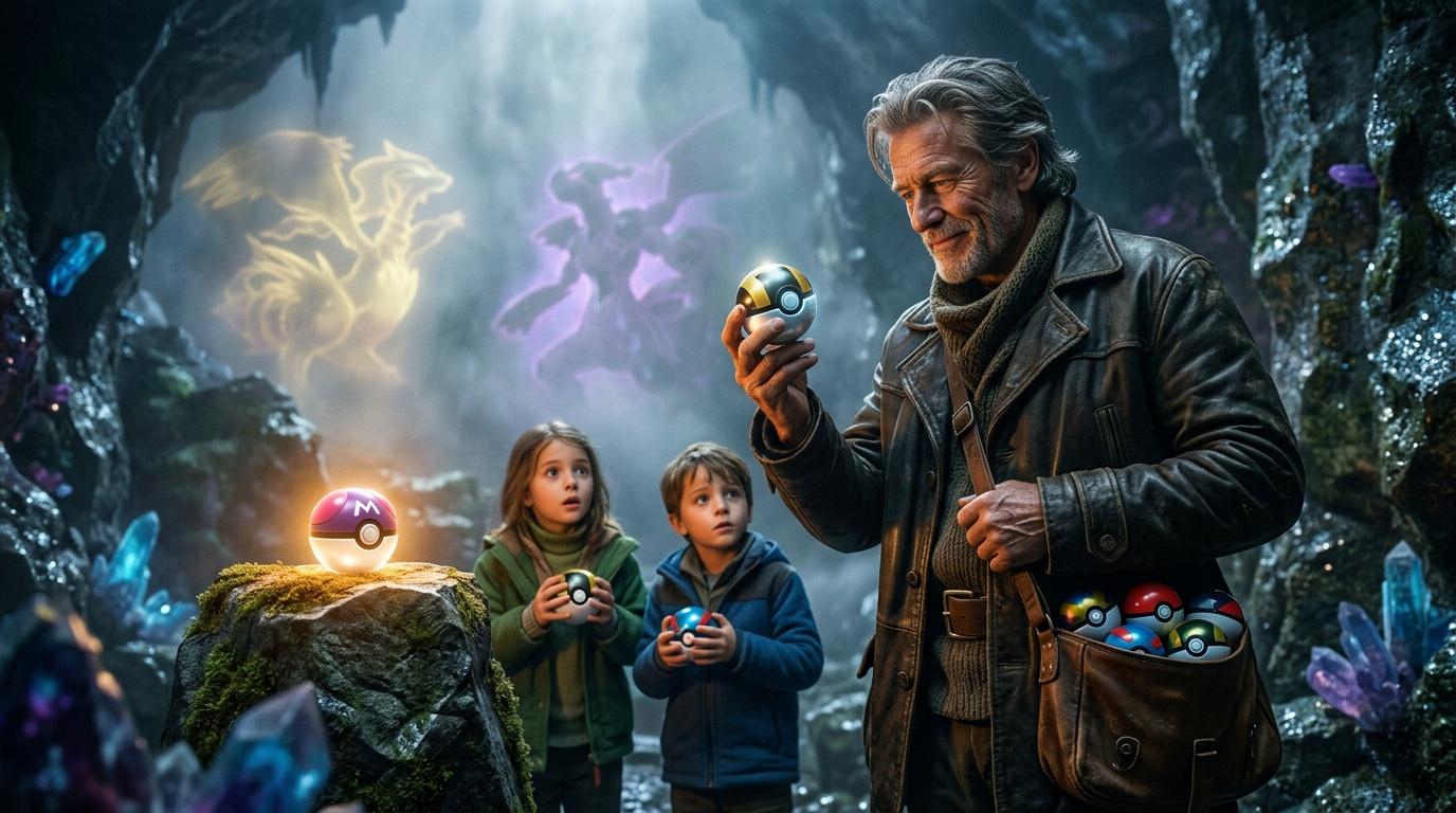Un homme âgé montre une Pokéball à deux enfants dans une grotte magique.