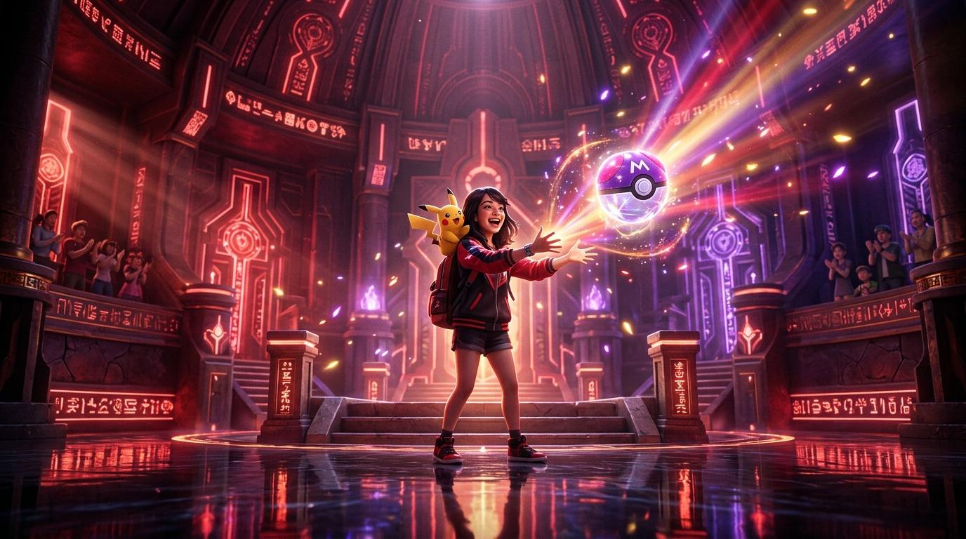 Jeune fille avec Pikachu capturant une Pokéball brillante
