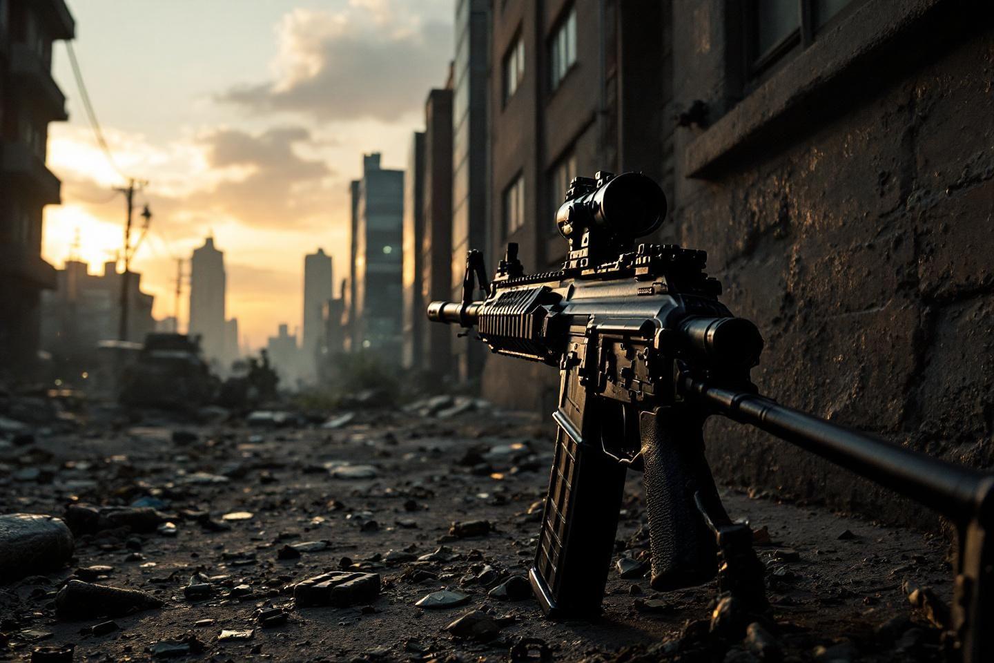 Arme militaire dans un environnement urbain dévasté au crépuscule