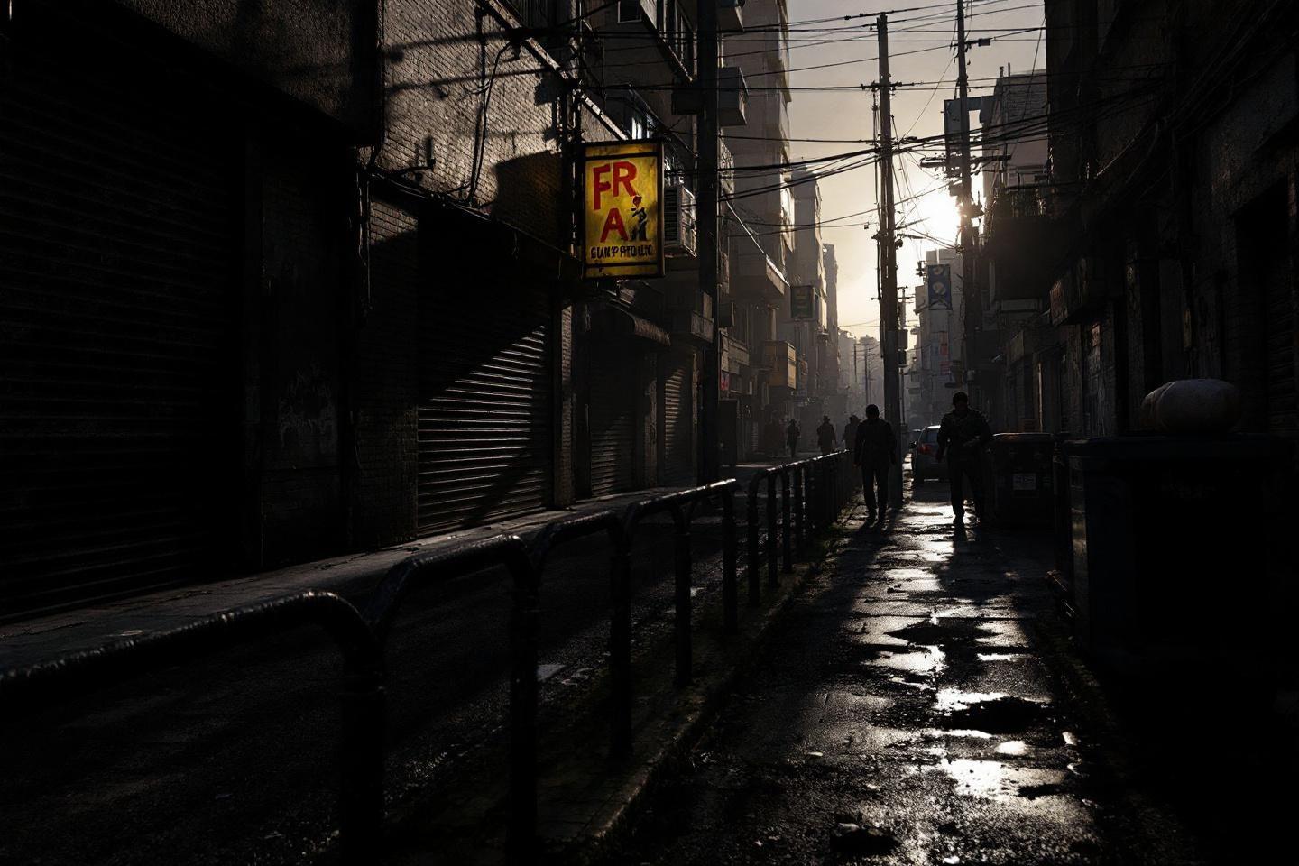 Rue sombre avec silhouettes et câbles électriques