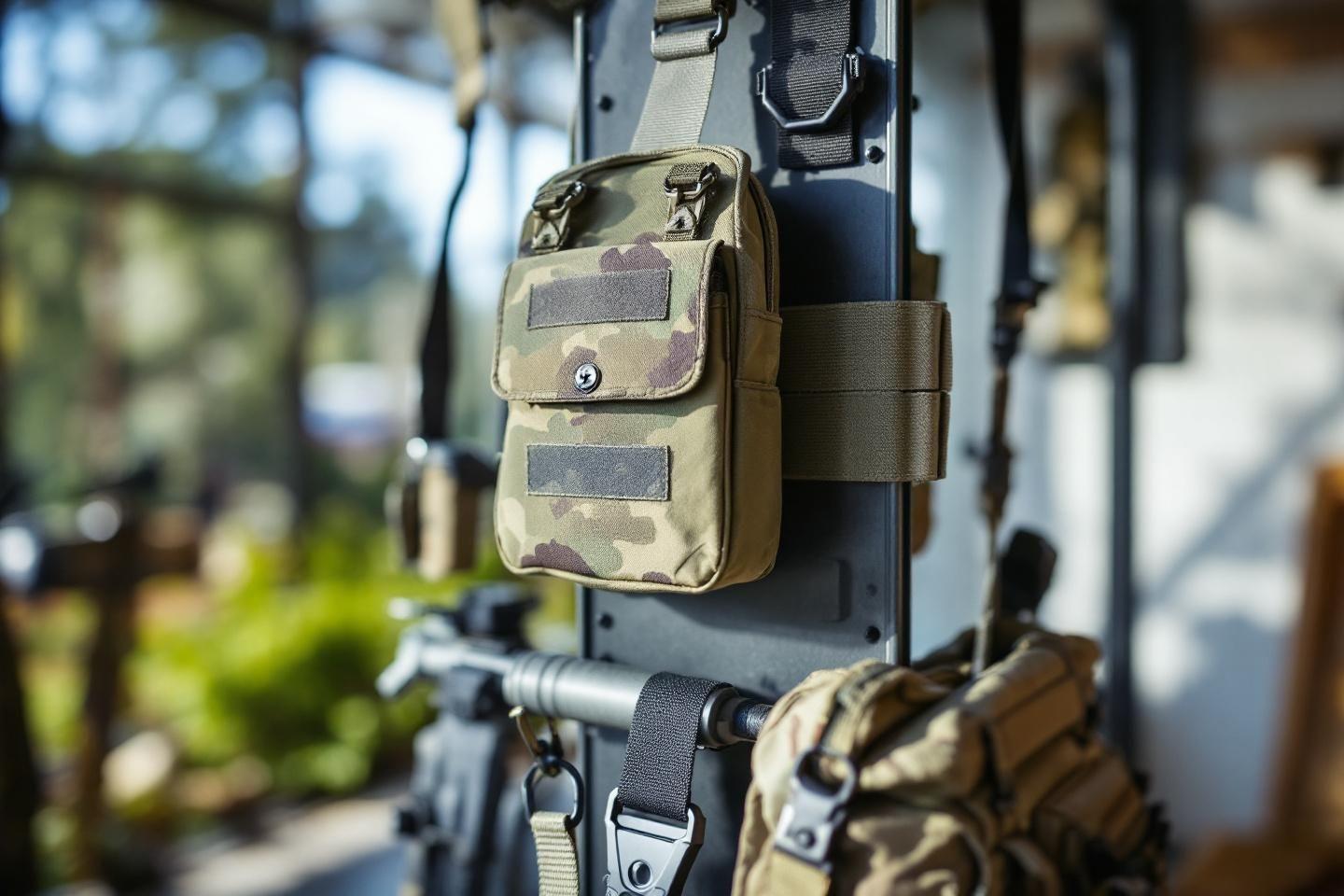 Sacoche tactique avec motif camouflage fix&eacute;e &agrave; un support