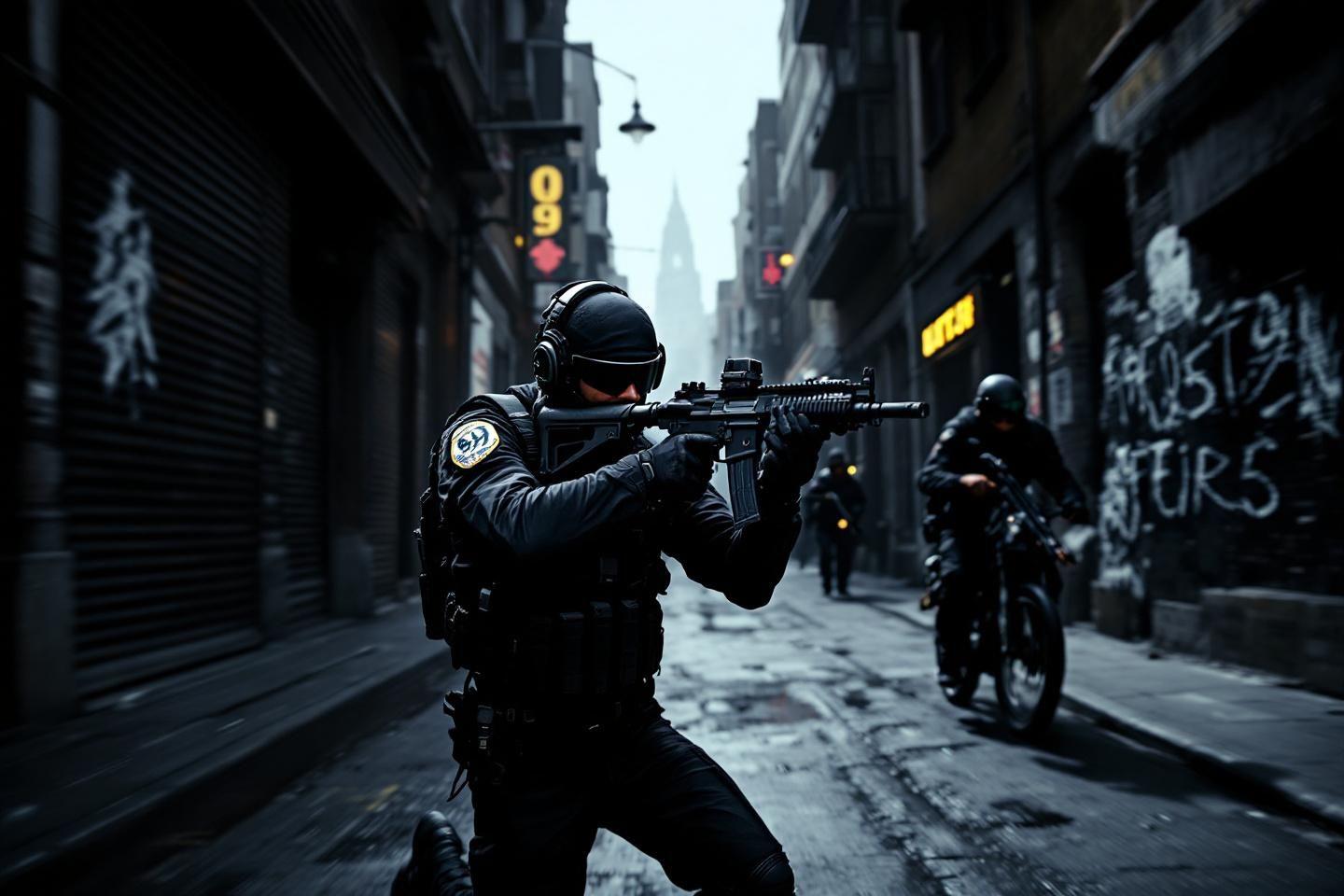 Agent tactique arm&eacute; dans une ruelle sombre et mena&ccedil;ante