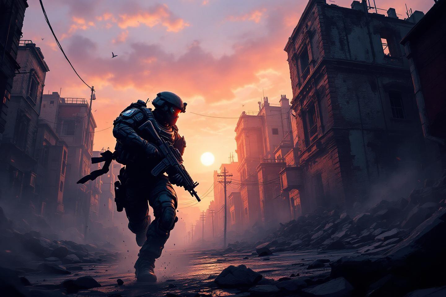 Militaire arm&eacute; marchant dans des ruines au coucher de soleil